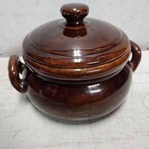 Vintage Btow Glaze Ceramic Crock w/ Lid & Handles 70s 80s Kitchen Cookware Decor